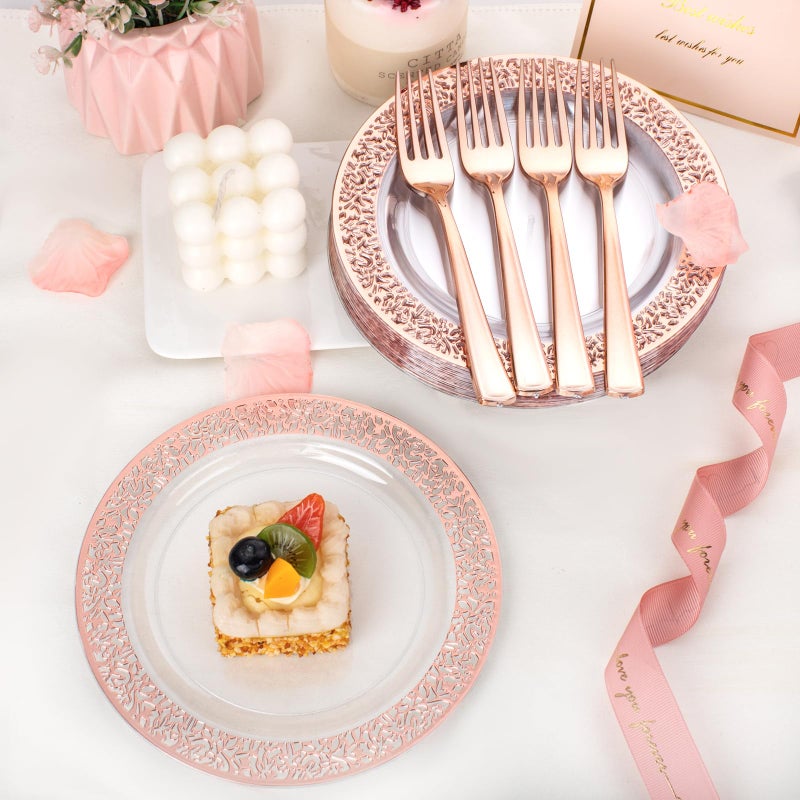 I00000 72 Pcs Rose Gold Dessert Plates 7.5" & 72 Pcs Disposable Forks 7.4", Lace Design Plastic Salad Plate, Plastic Appetizer Plate for all Holidays Perfect for Party & Wedding - Image 3